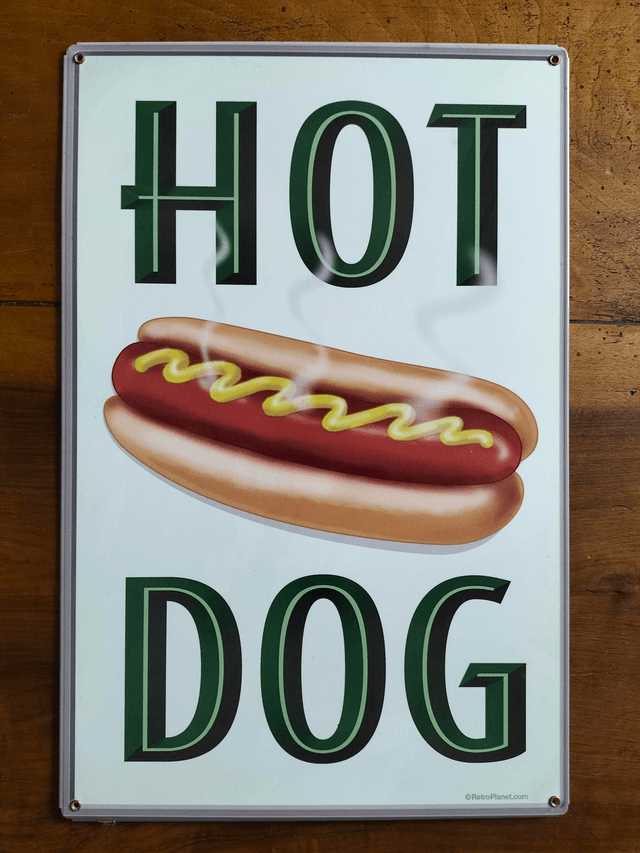 Plaque métal tôle épaisse / Hot Dog/ aspect vintage / occasion T.B.E