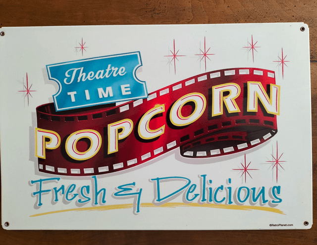 Plaque métal tôle épaisse / Pop corn/ aspect vintage / occasion T.B.E