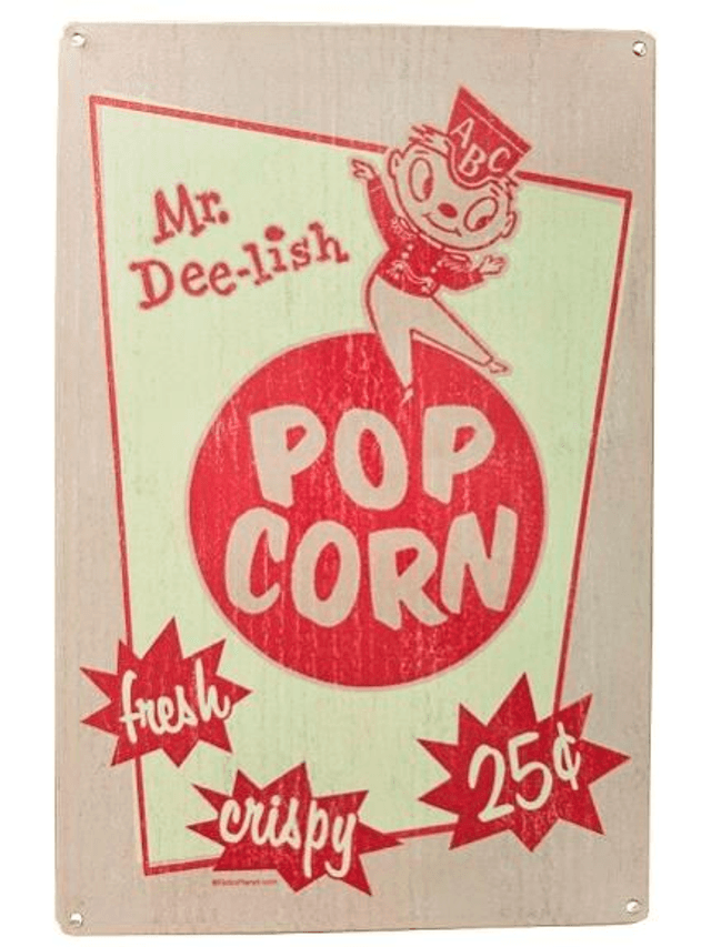 Plaque métal tôle épaisse / Pop corn / aspect vintage/ occasion T.B.E