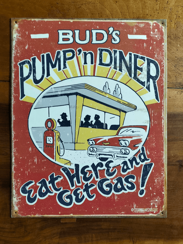 Plaque metal aspect vintage / Bud&#039;s Pump&#039;n Diner / occasion T.B.E
