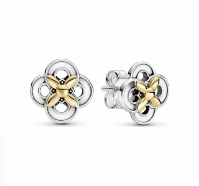 Boucles d&#039;oreilles clous Pandora Passions fleur bicolores en argent et or jaune