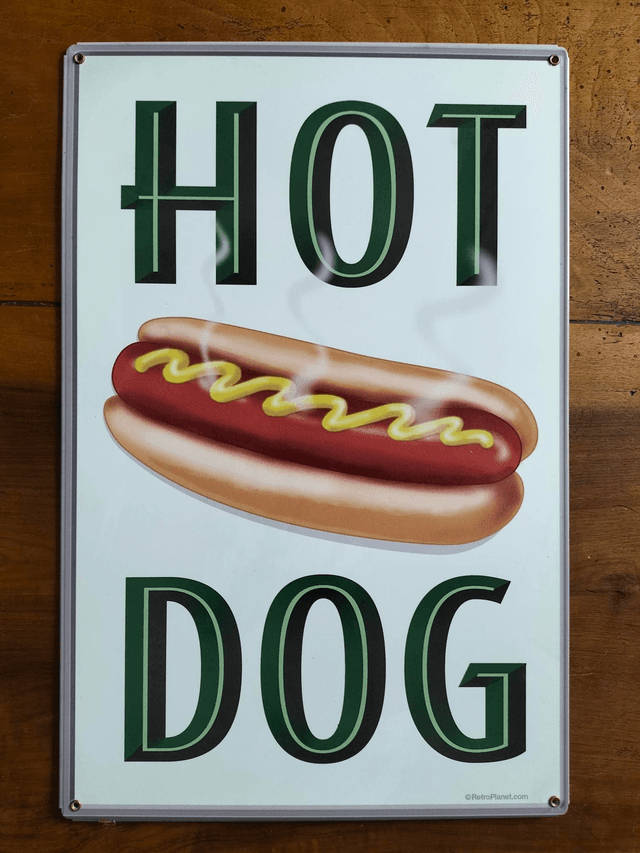 Plaque métal tôle épaisse / Hot Dog/ aspect vintage / occasion T.B.E